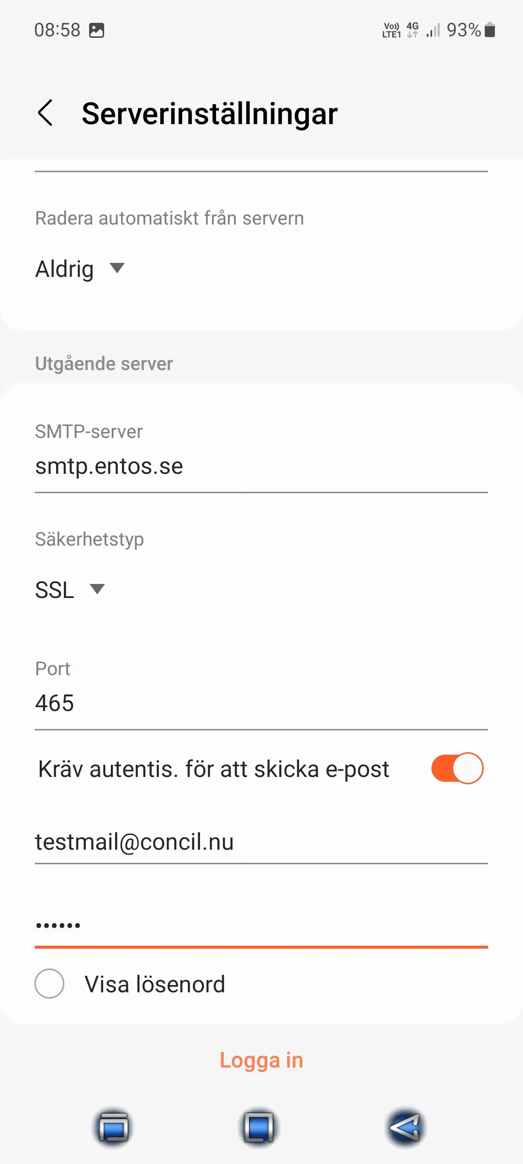 Android inställningar för utgående e-post