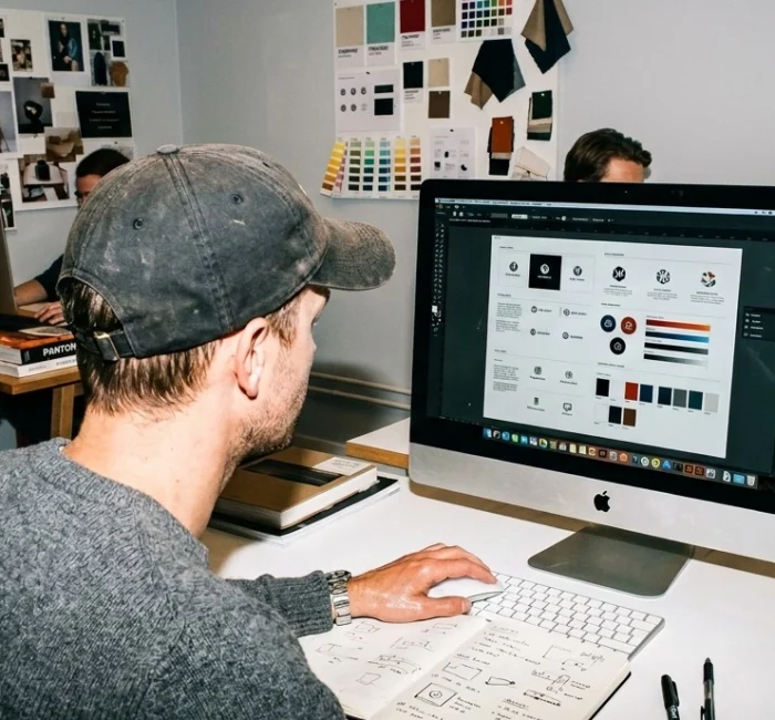 Grafisk profil illustration med logotyp, färgpalett och designelement som visar visuell identitet