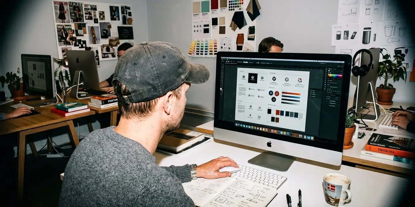 Grafisk profil illustration med logotyp, färgpalett och designelement som visar visuell identitet