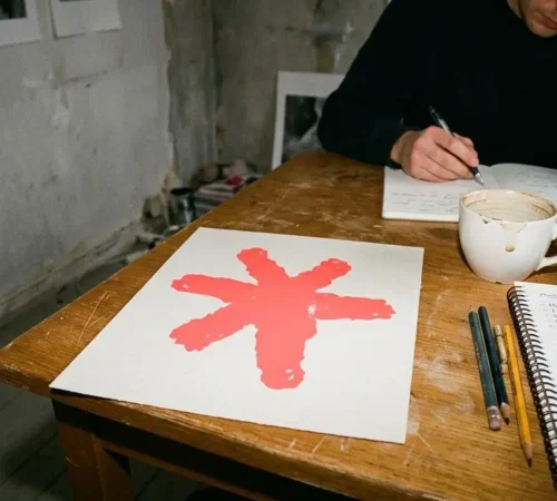 Skapa logotyp. Logo designer som skissar på ett bord