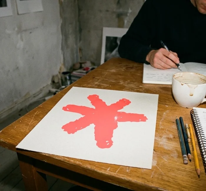 Skapa logotyp. Logo designer som skissar på ett bord