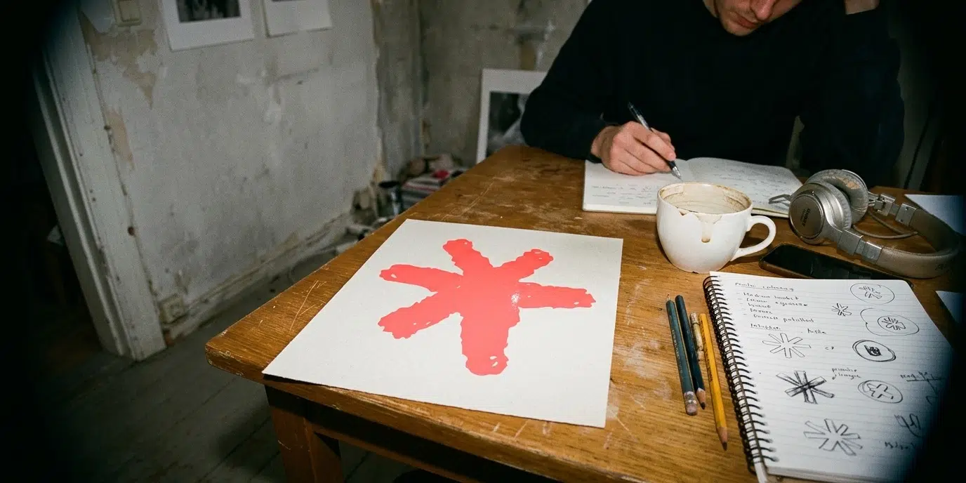 Skapa logotyp. Logo designer som skissar på ett bord